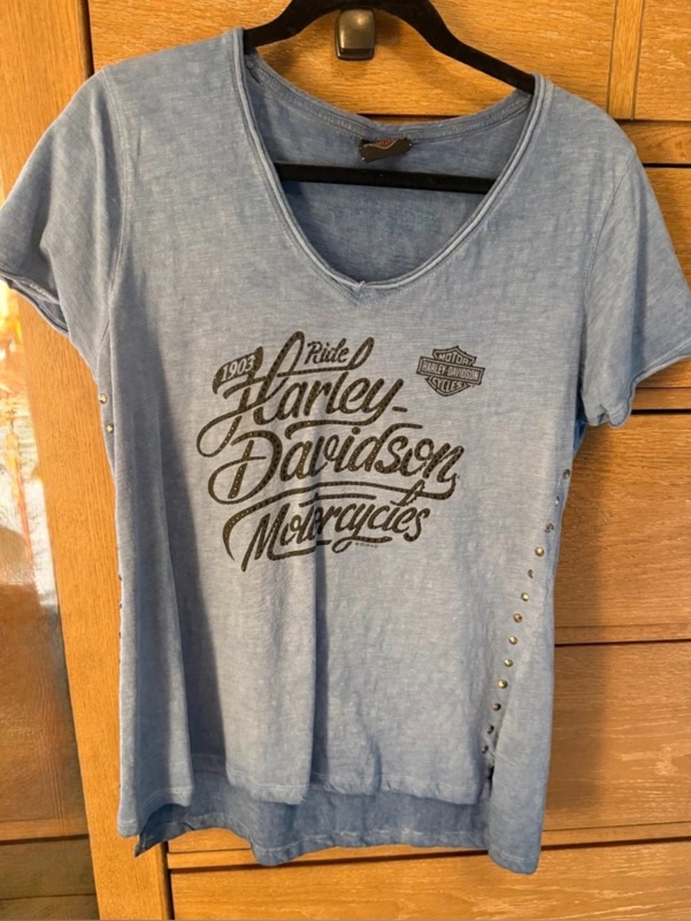 Harley-Davidson Faded Blue V‑Neck Tee with Stud Trim